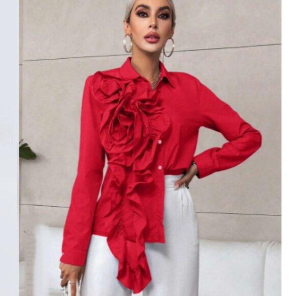 Red Floral 3d Ruffle Edge Shirt. Medium - Picture 3 of 3